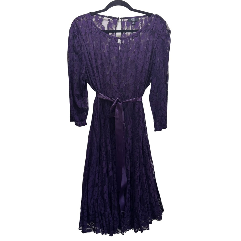 MSK Lace Cottagecore Floral Sheer Midi Fit Flare Belted Party Dress 18W Purple
